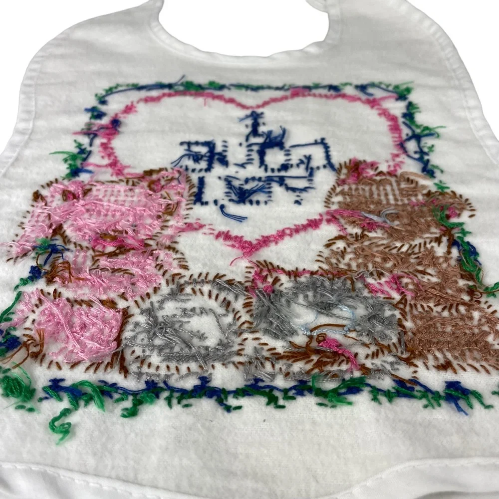 Vintage Handmade Cross Stitch Baby Bib Kitten Bunny Bear I Love You Tie-up Heart